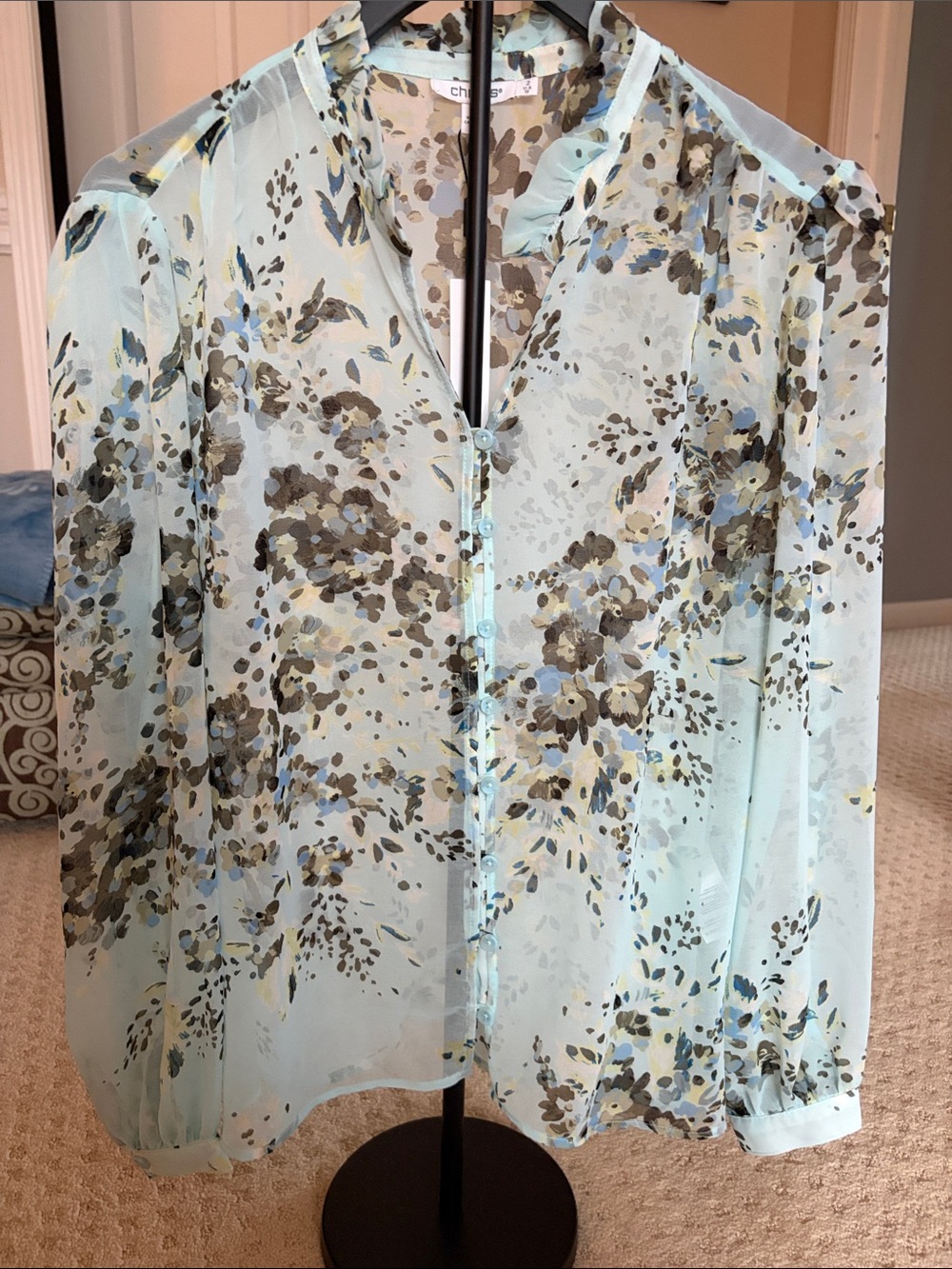 Chico’s Light Blue Floral Sheer Button-Front Blouse